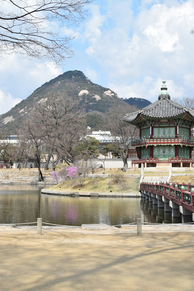Hyangwonjeong Pavilion reflected in pond at Gyeongbokgung Palace