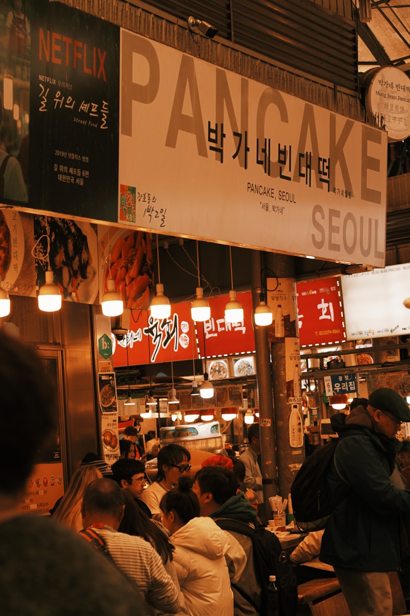 Bindaetteok mung bean pancake stall at Gwangjang Market Seoul